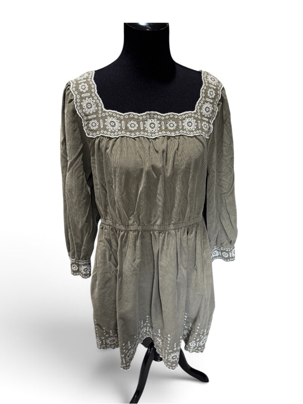 Madewell Olive Green Embroidered Square-Neck Dress